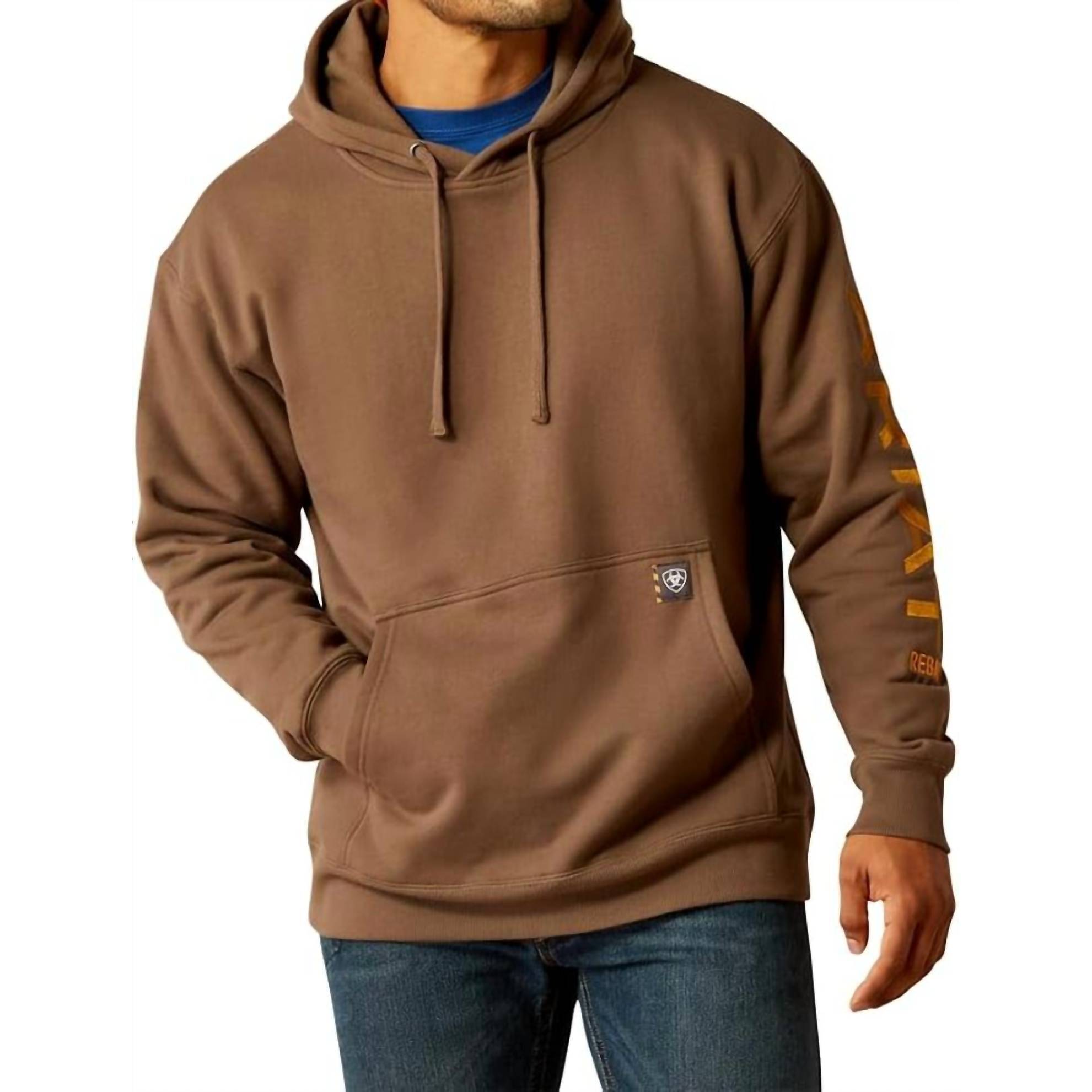 New Ariat Rebar Graphic Logo Hoodie In Chocolate Chip/Golden Brown